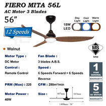 FIERO 56" 3 BLADES LED DC MOTOR CEILING FAN - WALNUT (MITA-56L-WN)