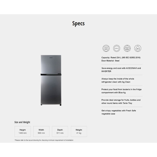 PANASONIC 2 DOORS 234L INVERTER FRIDGE (NR-TV261APSM)